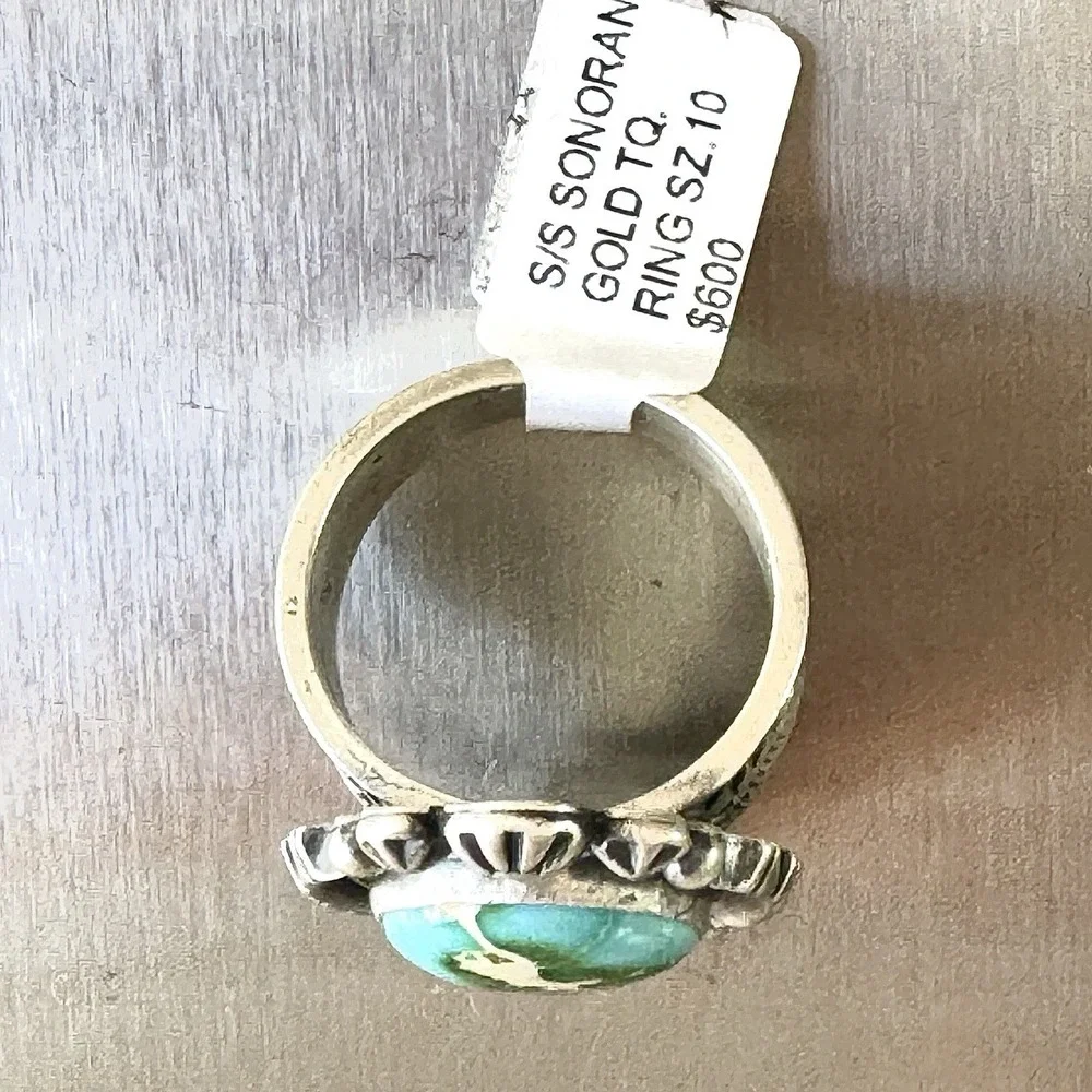 Navajo‎ Turquoise Ring Sz 10 Sonoran Gold Sterling Benally Native American Stars